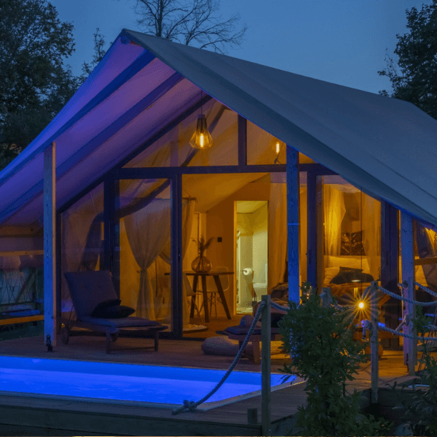 Floria Glamping Garden Tent at Night