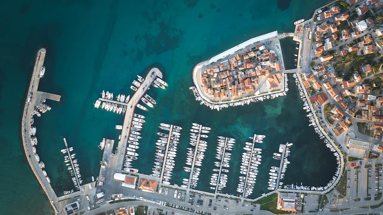 Aerial view of D-Marin Tribunj and the historic town peninsula