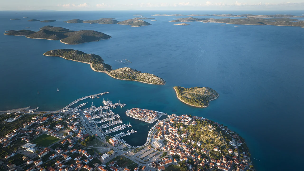 Aerial panorama of D-Marin Tribunj and surrounding Adriatic islands
