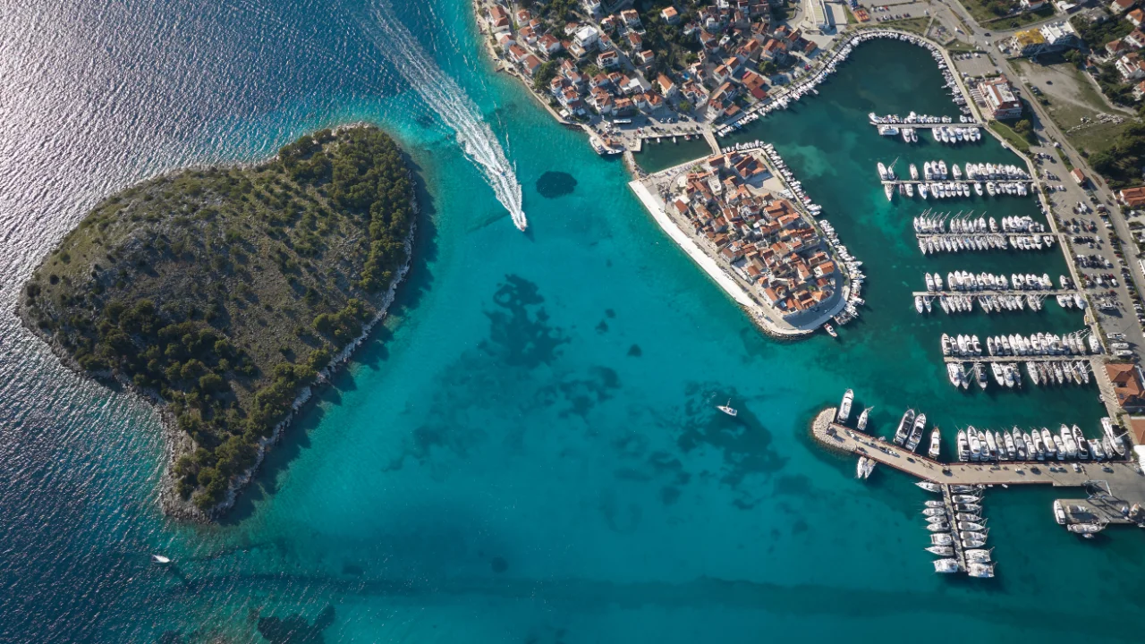 Aerial view of Tribunj, D-Marin Tribunj and turquoise Adriatic waters