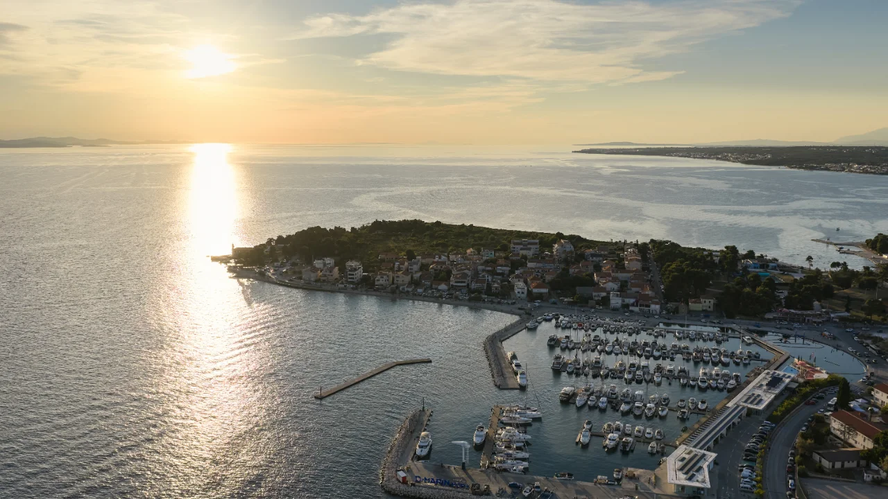 Aerial view of D-Marin Borik and the Adriatic coast at sunset
